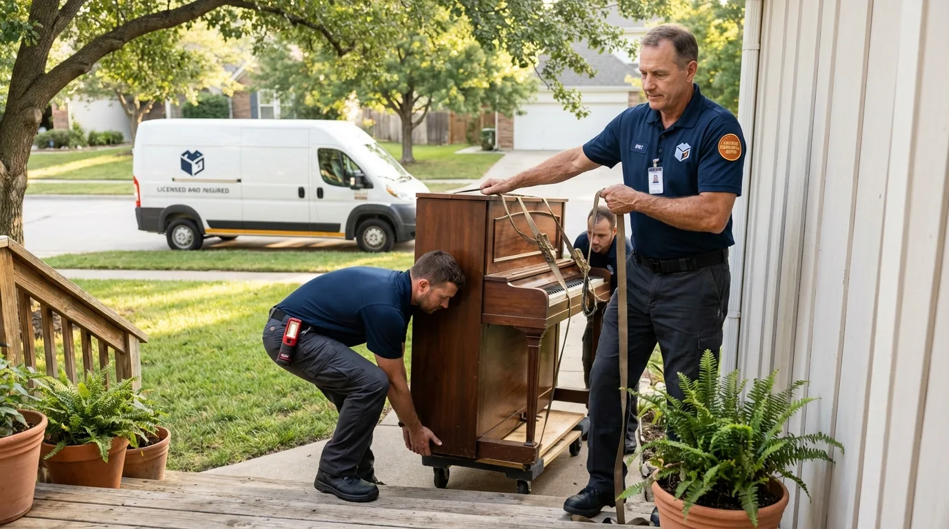 Licensed piano movers securing grand piano in Biscoe, NC