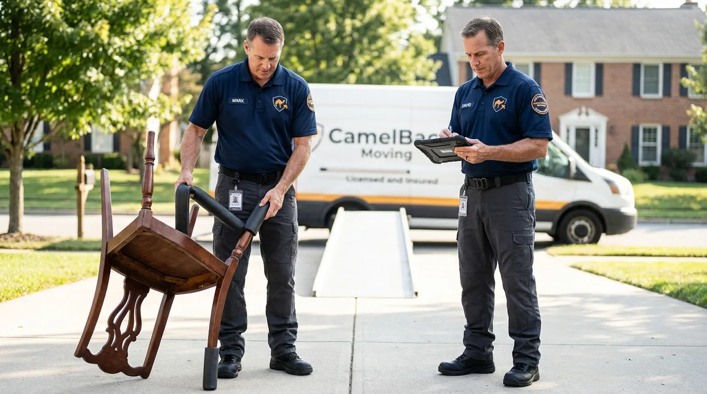 Movers inspecting furniture for damage prevention before loading in Biscoe, NC