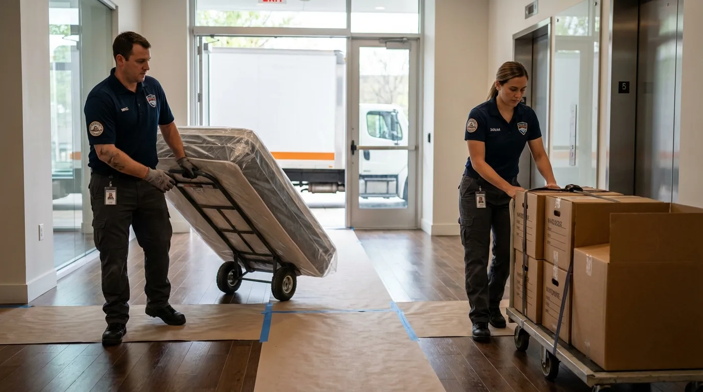 Professional apartment movers loading elevator in Biscoe, NC